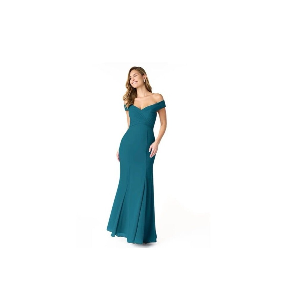 Azazie Lecia Ink Blue Empire Off-The-Shoulder Pleated Chiffon Convertible Dress